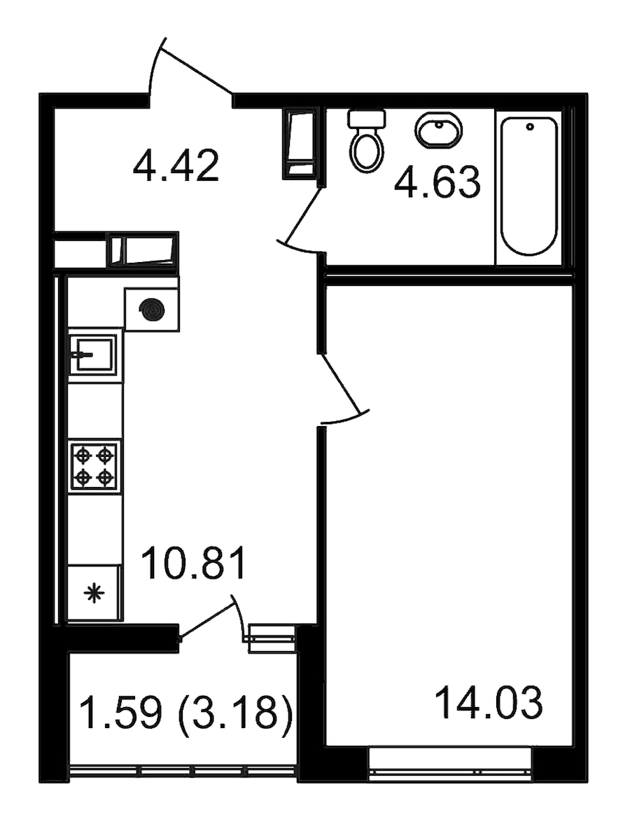 1-комнатная квартира 33.89 м², 14/14 эт., ЖК «Чёрная речка»